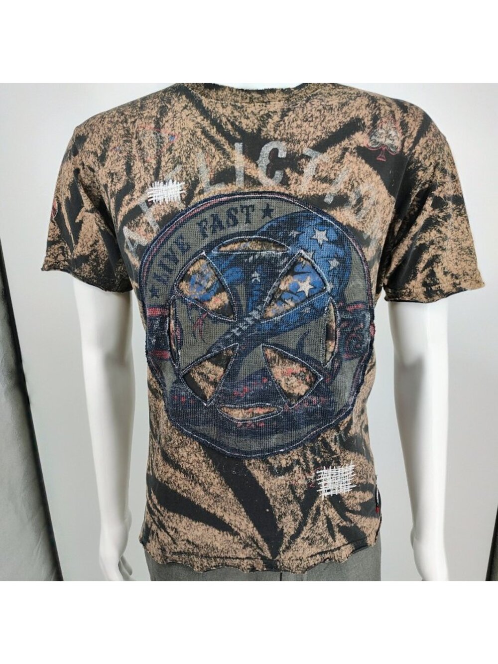 Vintage Y2K Affliction "Live Fast" Logo All Over Print Brown Graphic T-Shirt (L)